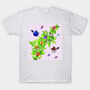 Cute Birds. Fairy Wren Couple and Butterflies T-Shirt